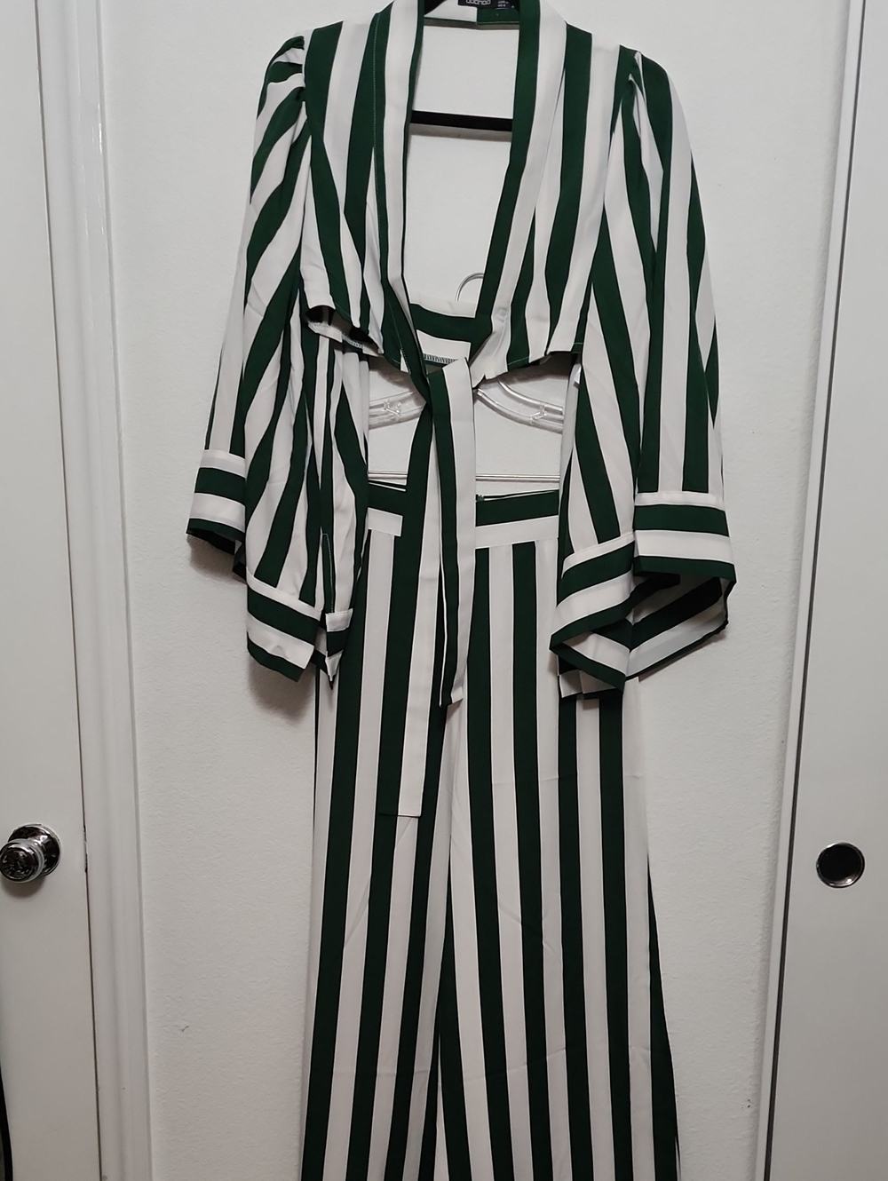 Boohoo Dark Green and White Vertical Stripe Two-Piece Jumpsuit Set